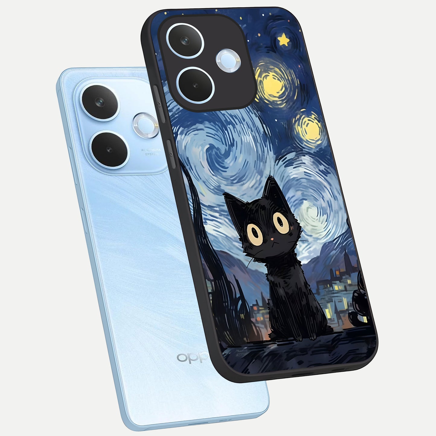  Van Gogh Cat phone case For Oppo Reno 15 Pro mini showing premium glass back cover with detailed artwork