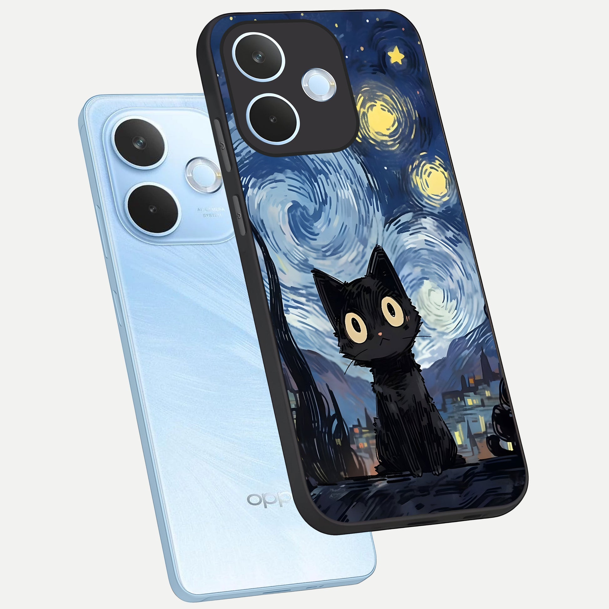  Van Gogh Cat phone case For Oppo Reno 15 Pro mini showing premium glass back cover with detailed artwork