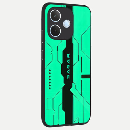  Aqua Tech CYBERPUNK Custom Name back cover For Oppo Reno 15 Pro mini slim fit glass case with vibrant aesthetic design