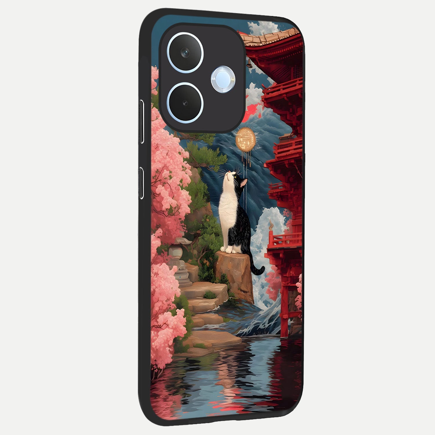  Temple Cat Scenery back cover For Oppo Reno 15 Pro mini slim fit glass case with vibrant aesthetic design