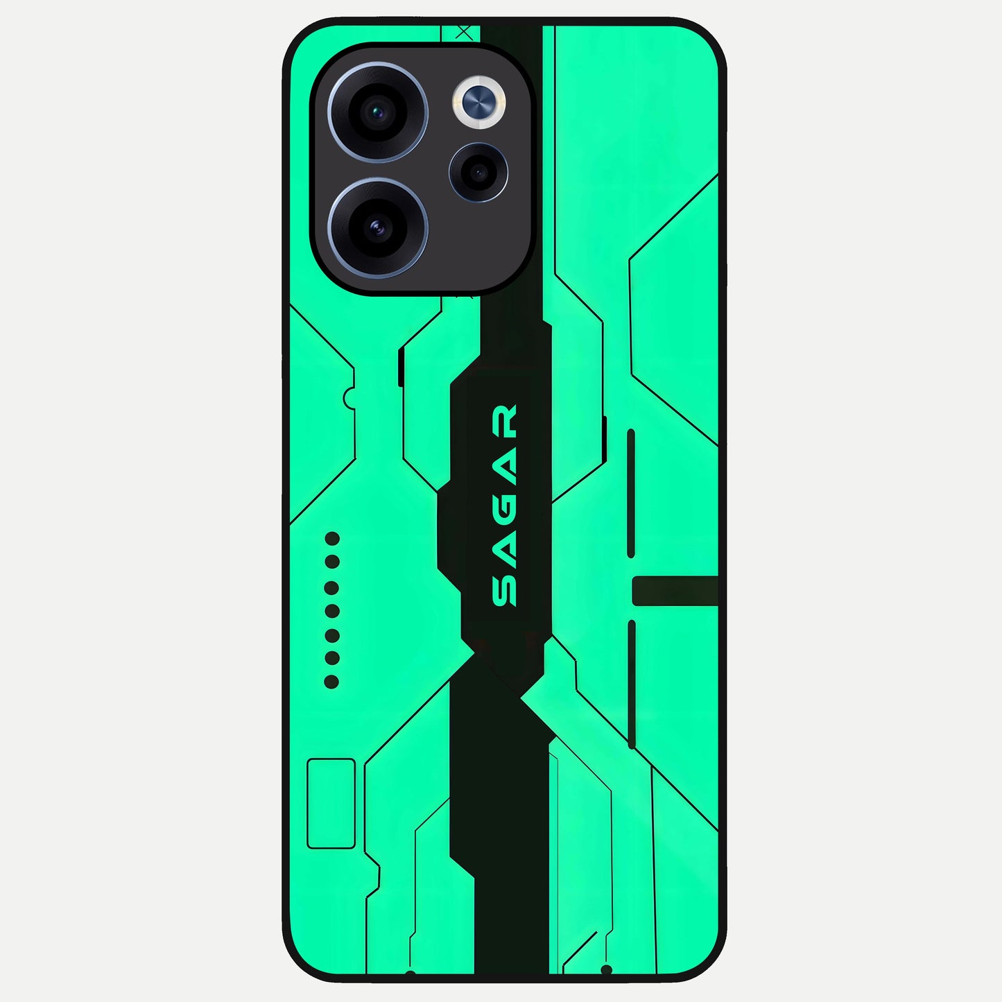  Aqua Tech CYBERPUNK Custom Name Glass Case For Oppo Reno 15c back cover – full design glossy printed glass finish