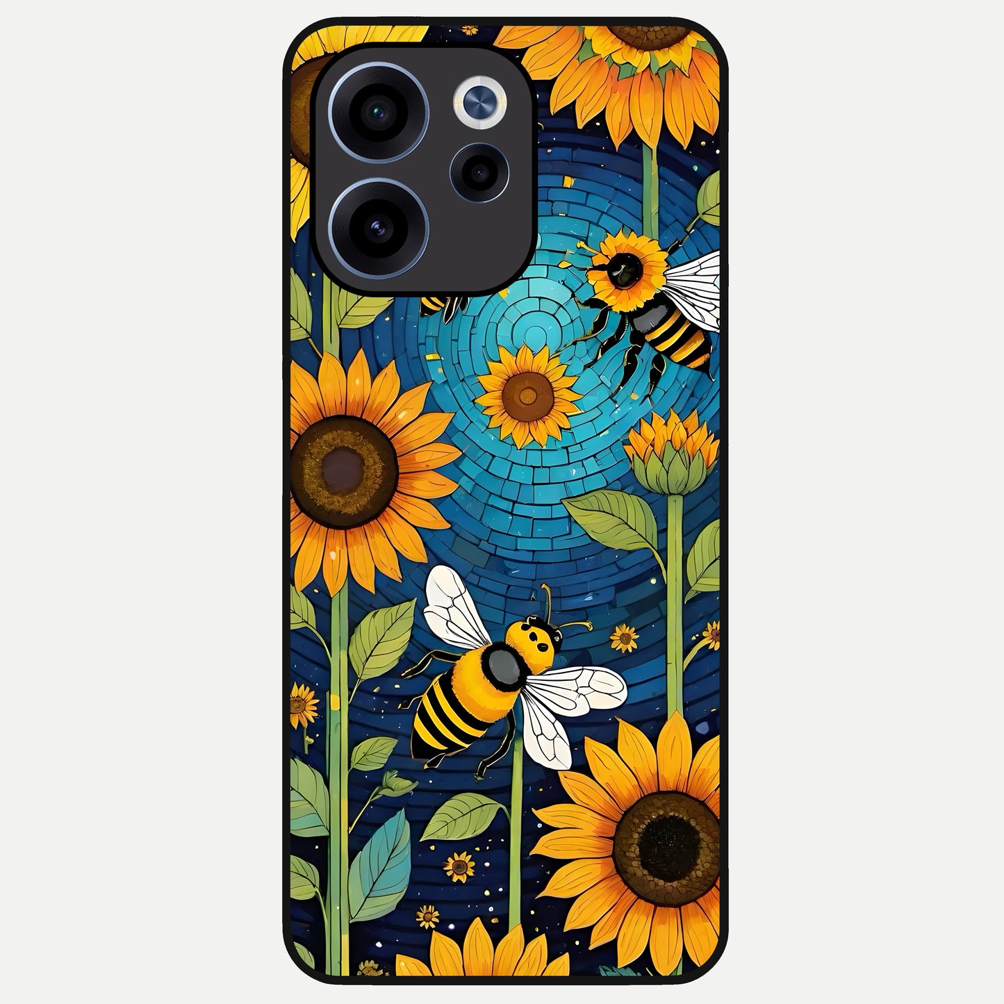  Bees And Sunflowers Glass Case For Oppo Reno 15c back cover – full design glossy printed glass finish