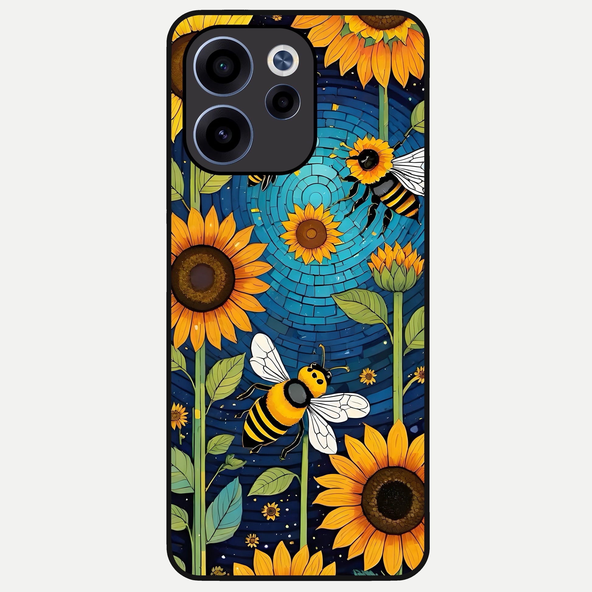  Bees And Sunflowers Glass Case For Oppo Reno 15c back cover – full design glossy printed glass finish