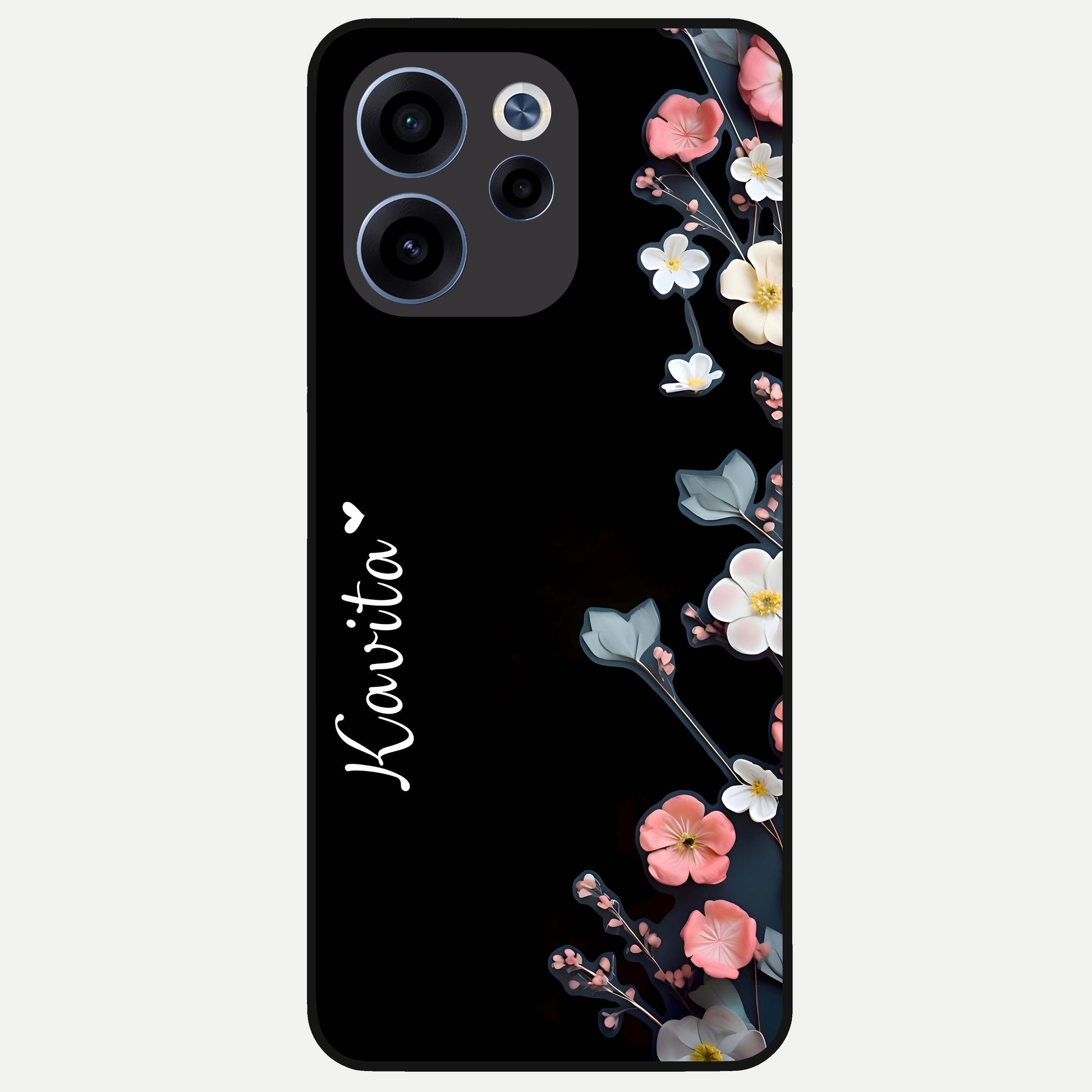  Black Elegance Floral Custom Name Glass Case For Oppo Reno 15c back cover – full design glossy printed glass finish