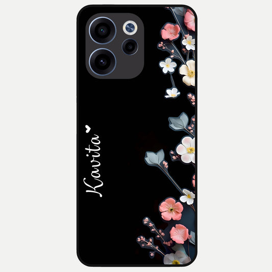  Black Elegance Floral Custom Name Glass Case For Oppo Reno 15c back cover – full design glossy printed glass finish