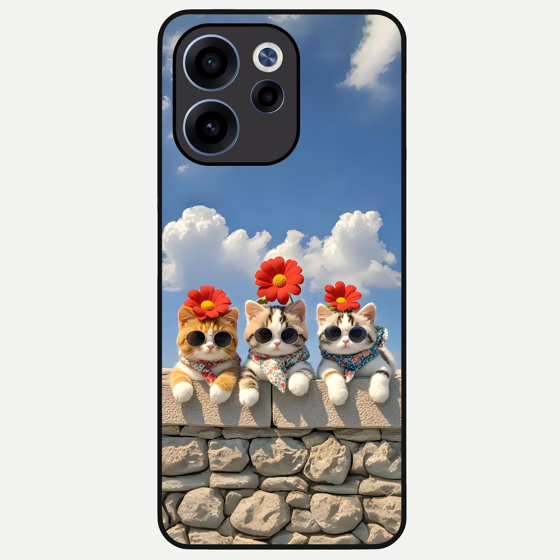  Floral Kitty Squad Glass Case For Oppo Reno 15c back cover – full design glossy printed glass finish