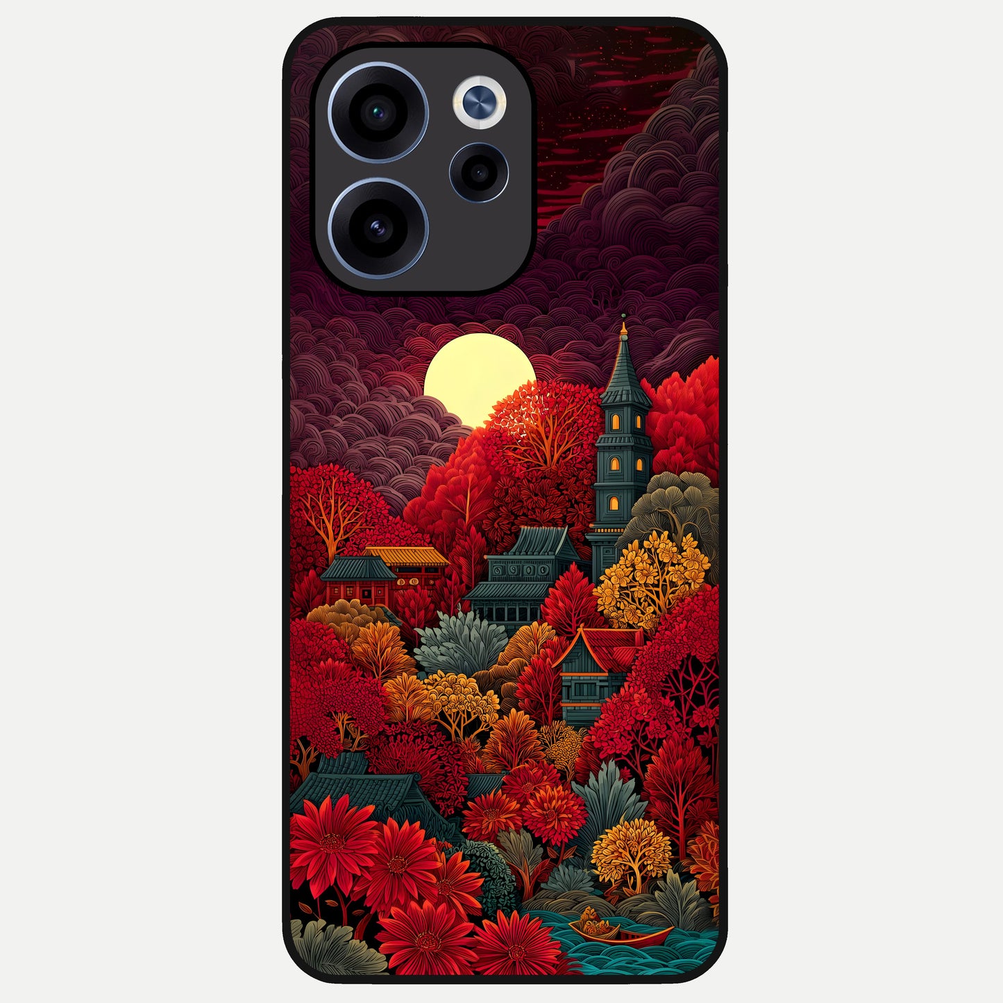  Scarlet Autumn Temple Glass Case For Oppo Reno 15c back cover – full design glossy printed glass finish