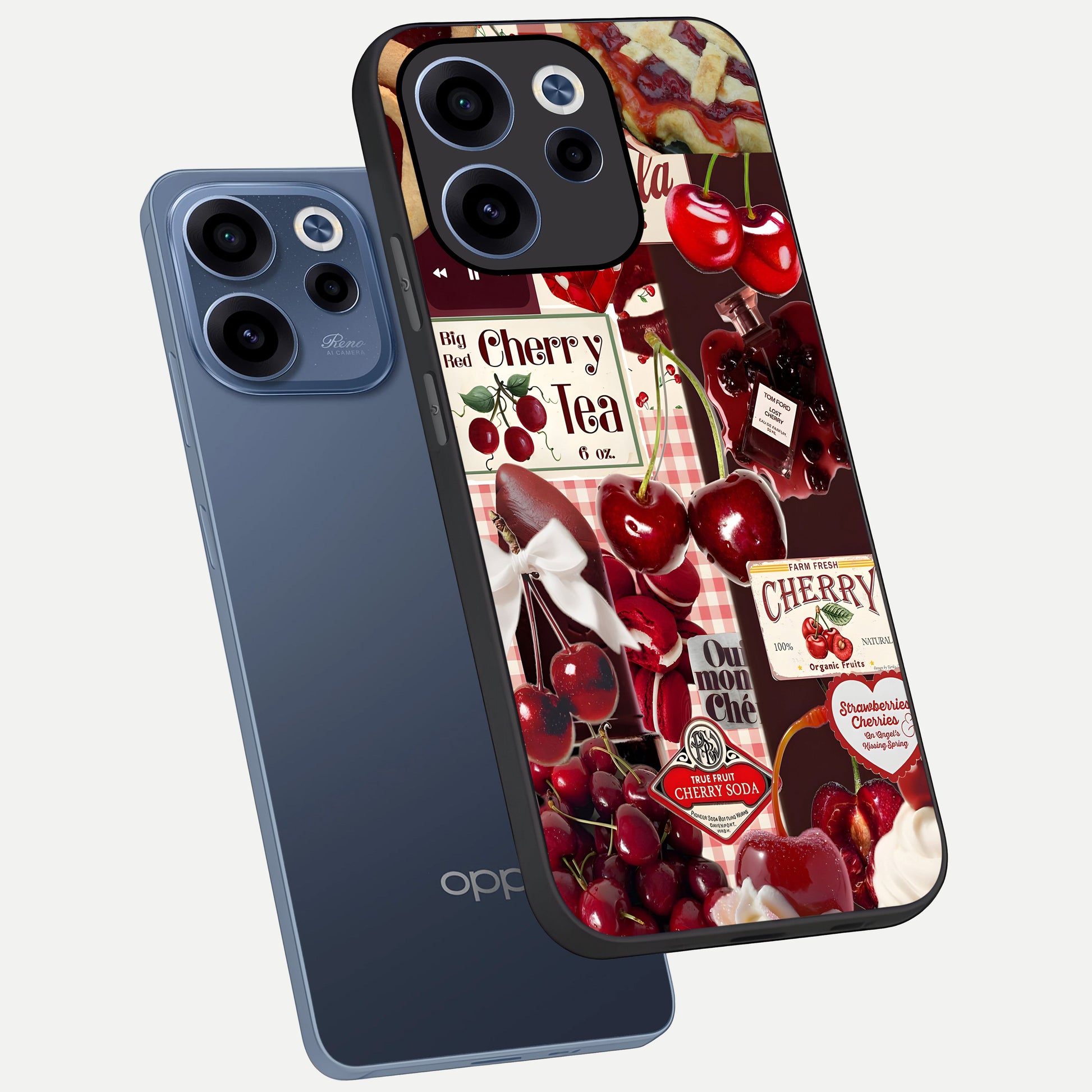  Aesthetic Cherry Tea phone case For Oppo Reno 15c showing premium glass back cover with detailed artwork