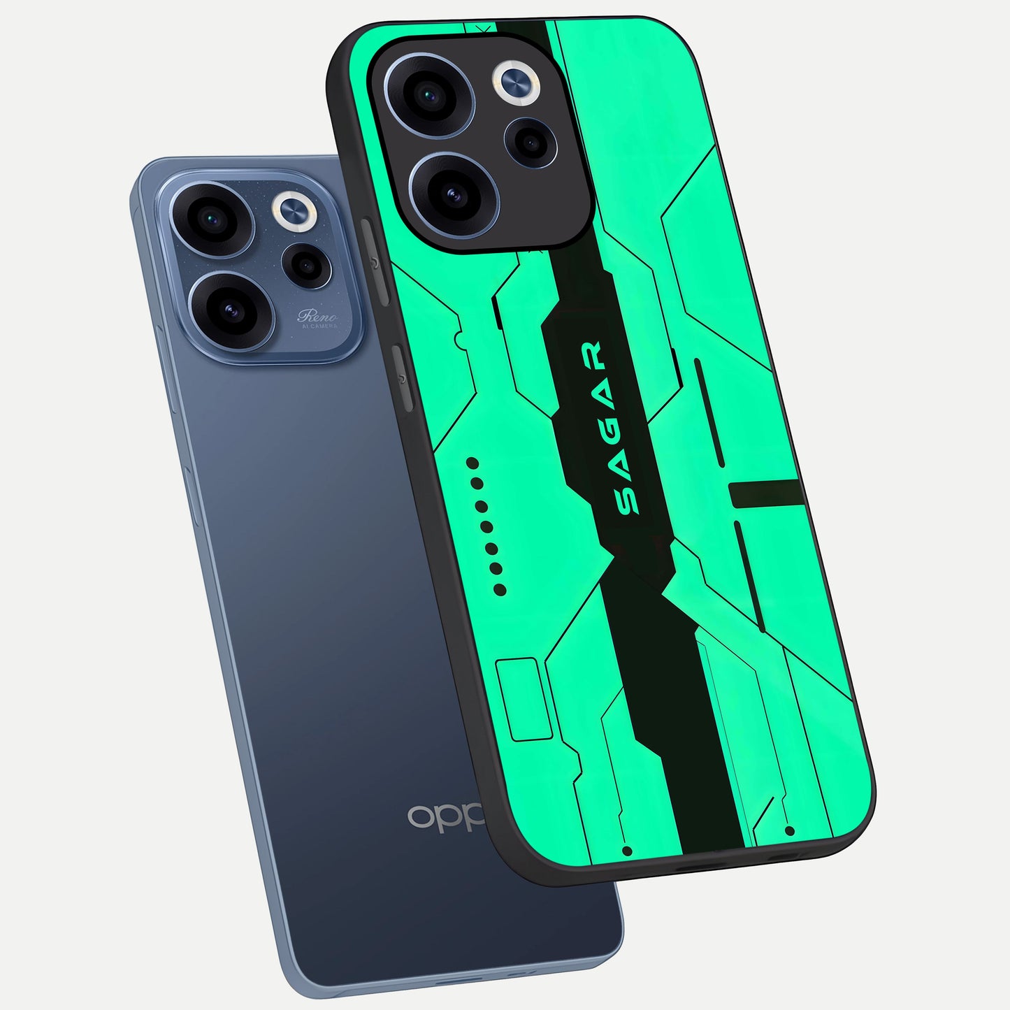  Aqua Tech CYBERPUNK Custom Name phone case For Oppo Reno 15c showing premium glass back cover with detailed artwork
