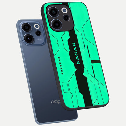  Aqua Tech CYBERPUNK Custom Name phone case For Oppo Reno 15c showing premium glass back cover with detailed artwork