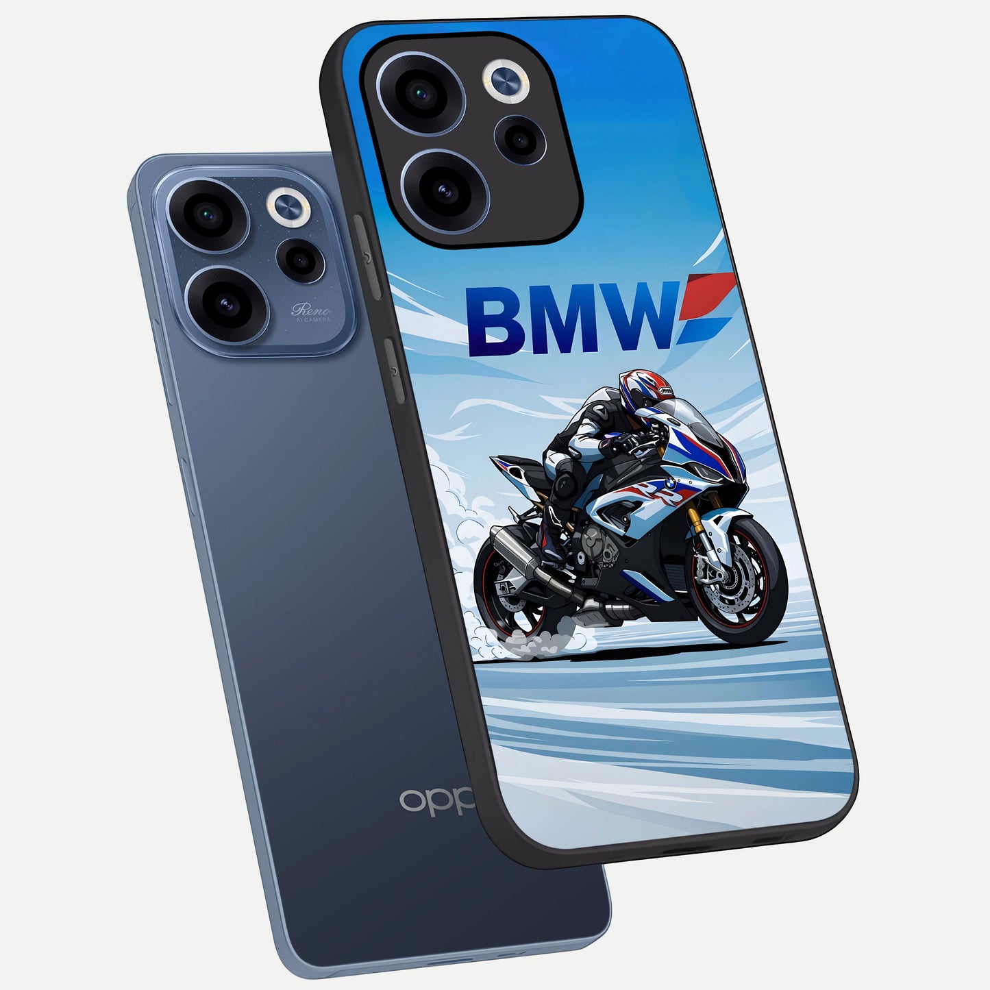  BMW Power Drift phone case For Oppo Reno 15c showing premium glass back cover with detailed artwork
