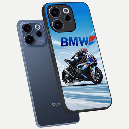  BMW Power Drift phone case For Oppo Reno 15c showing premium glass back cover with detailed artwork