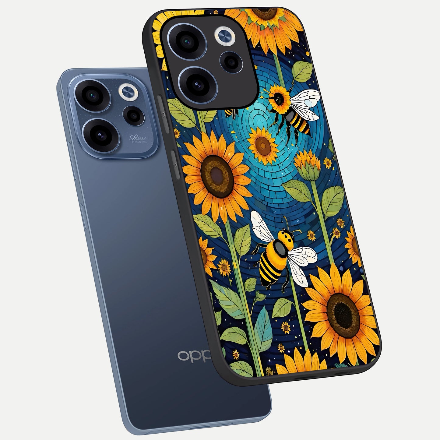  Bees And Sunflowers phone case For Oppo Reno 15c showing premium glass back cover with detailed artwork