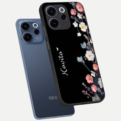  Black Elegance Floral Custom Name phone case For Oppo Reno 15c showing premium glass back cover with detailed artwork