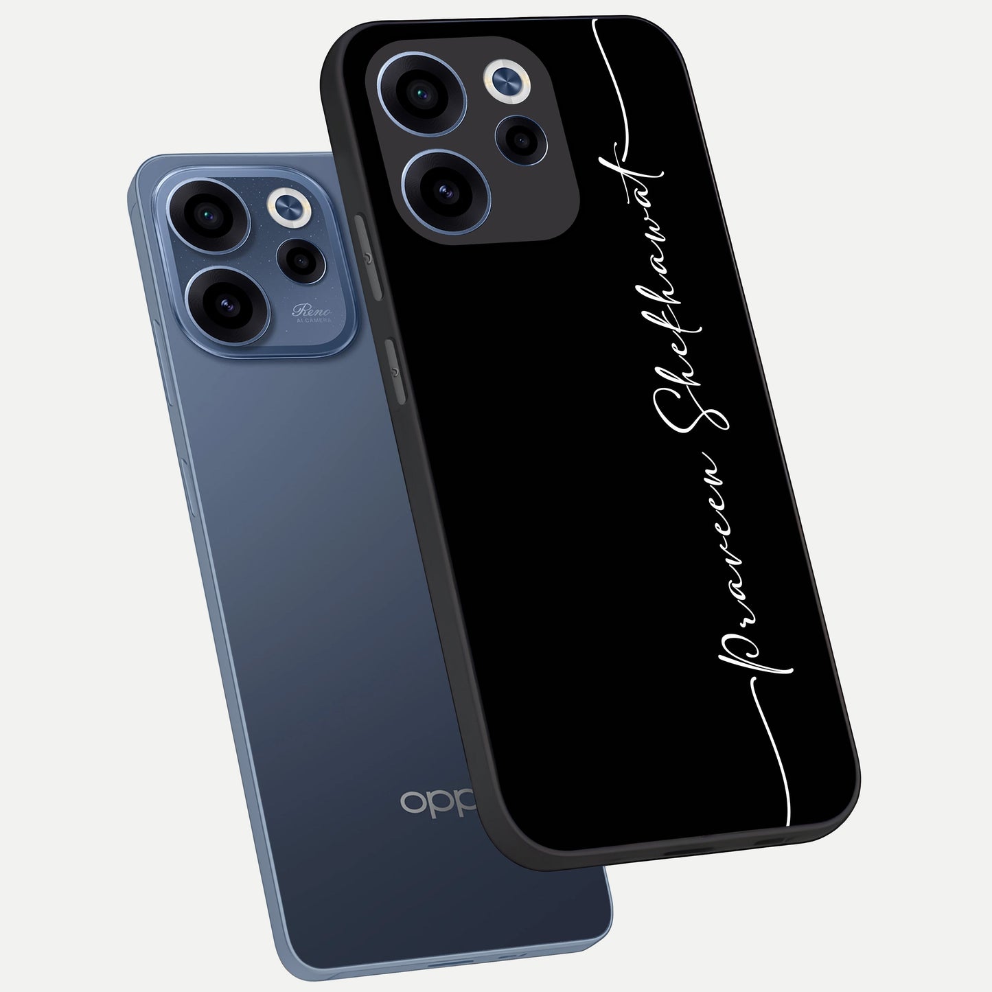  Black Tune Custom Name phone case For Oppo Reno 15c showing premium glass back cover with detailed artwork