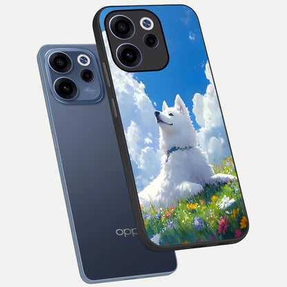  Blissful Cloud Pup phone case For Oppo Reno 15c showing premium glass back cover with detailed artwork