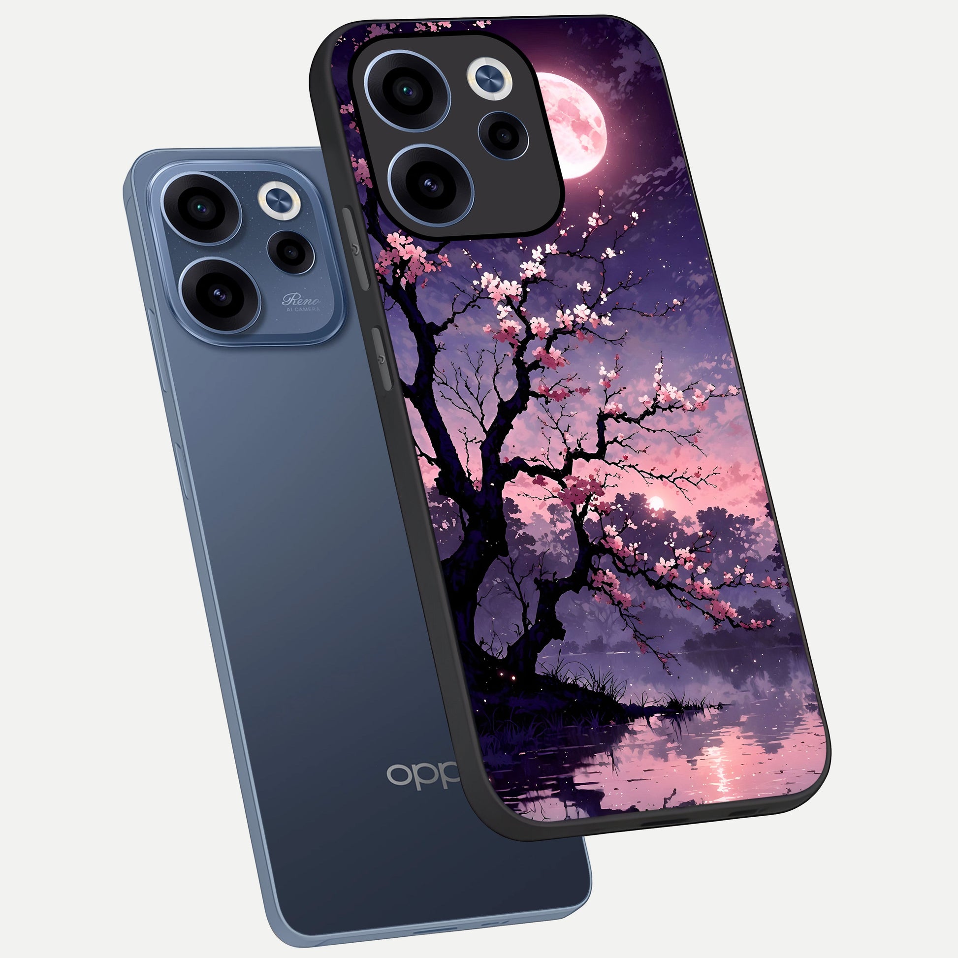  Blossom Pink Moon phone case For Oppo Reno 15c showing premium glass back cover with detailed artwork