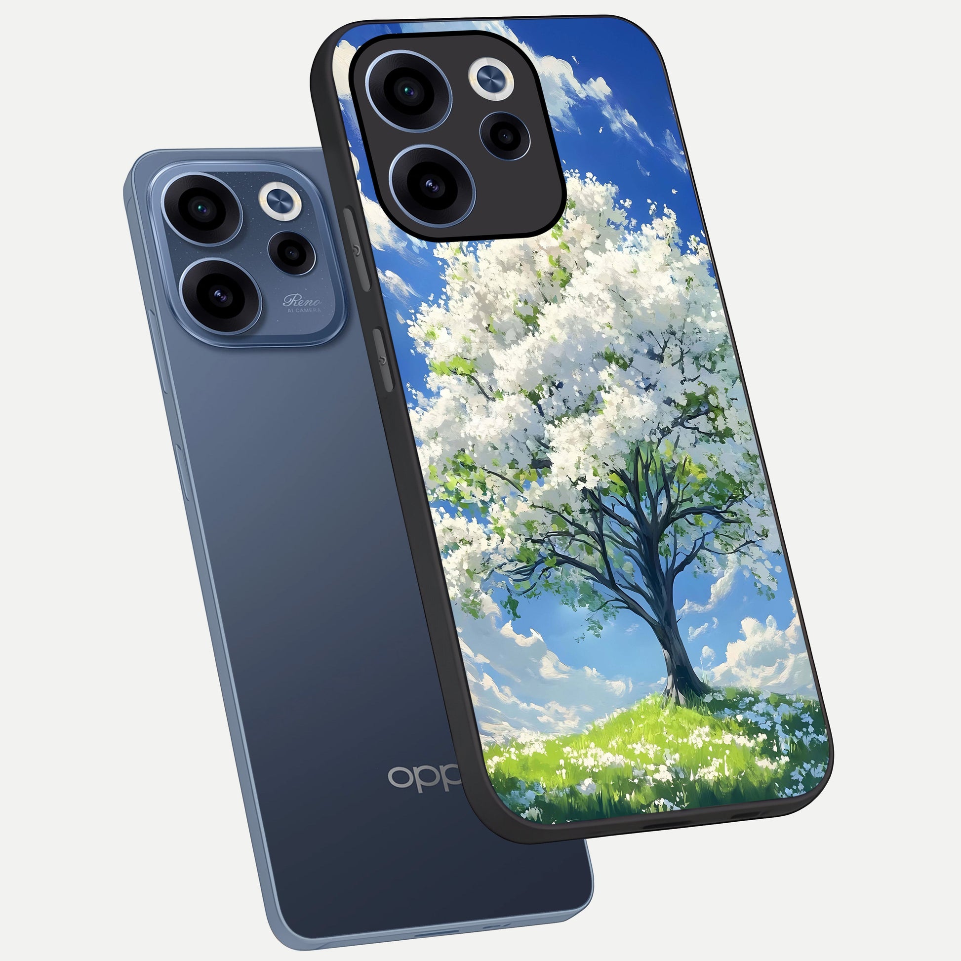  Blossom Sky Serenity phone case For Oppo Reno 15c showing premium glass back cover with detailed artwork