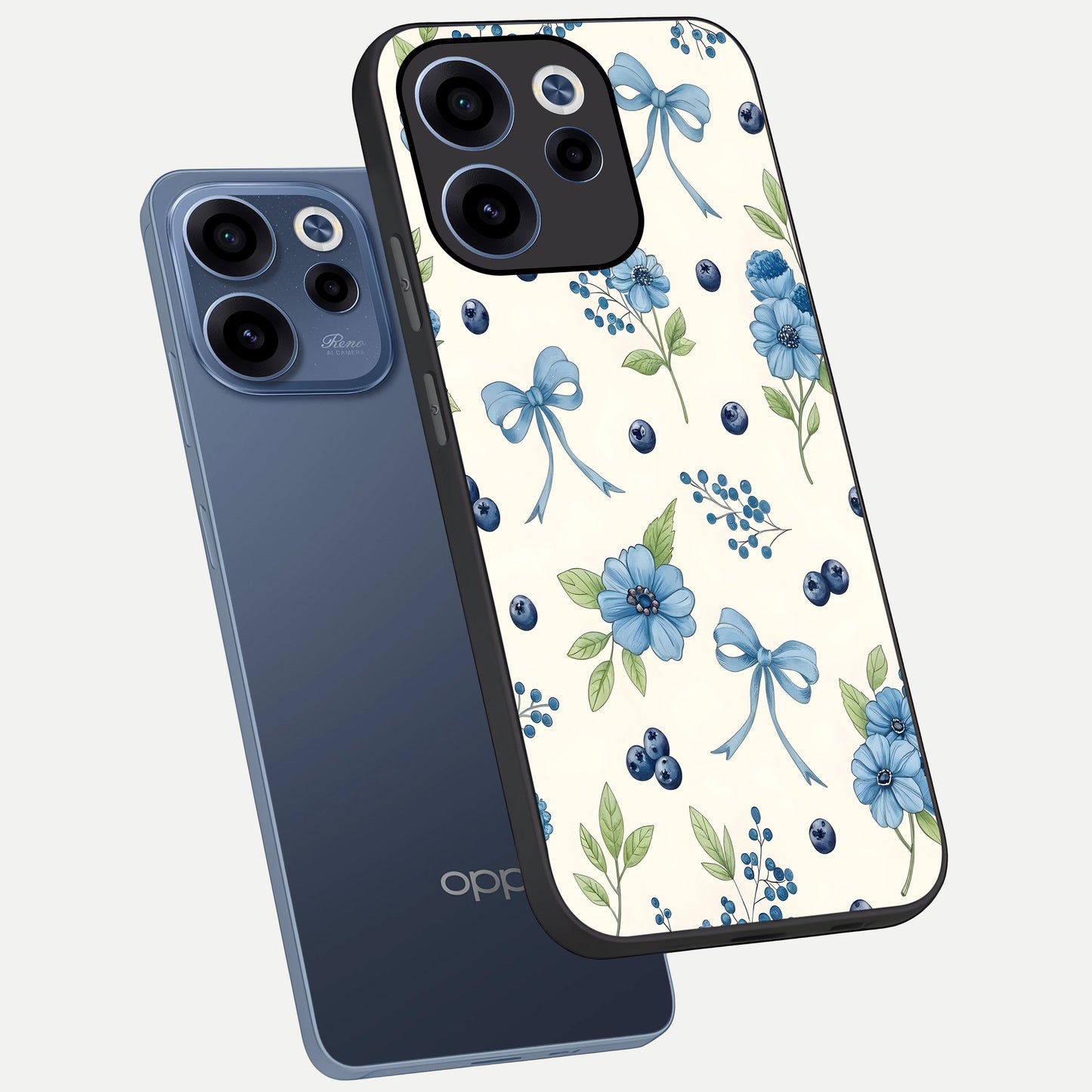  Blue Flower And Bow phone case For Oppo Reno 15c showing premium glass back cover with detailed artwork
