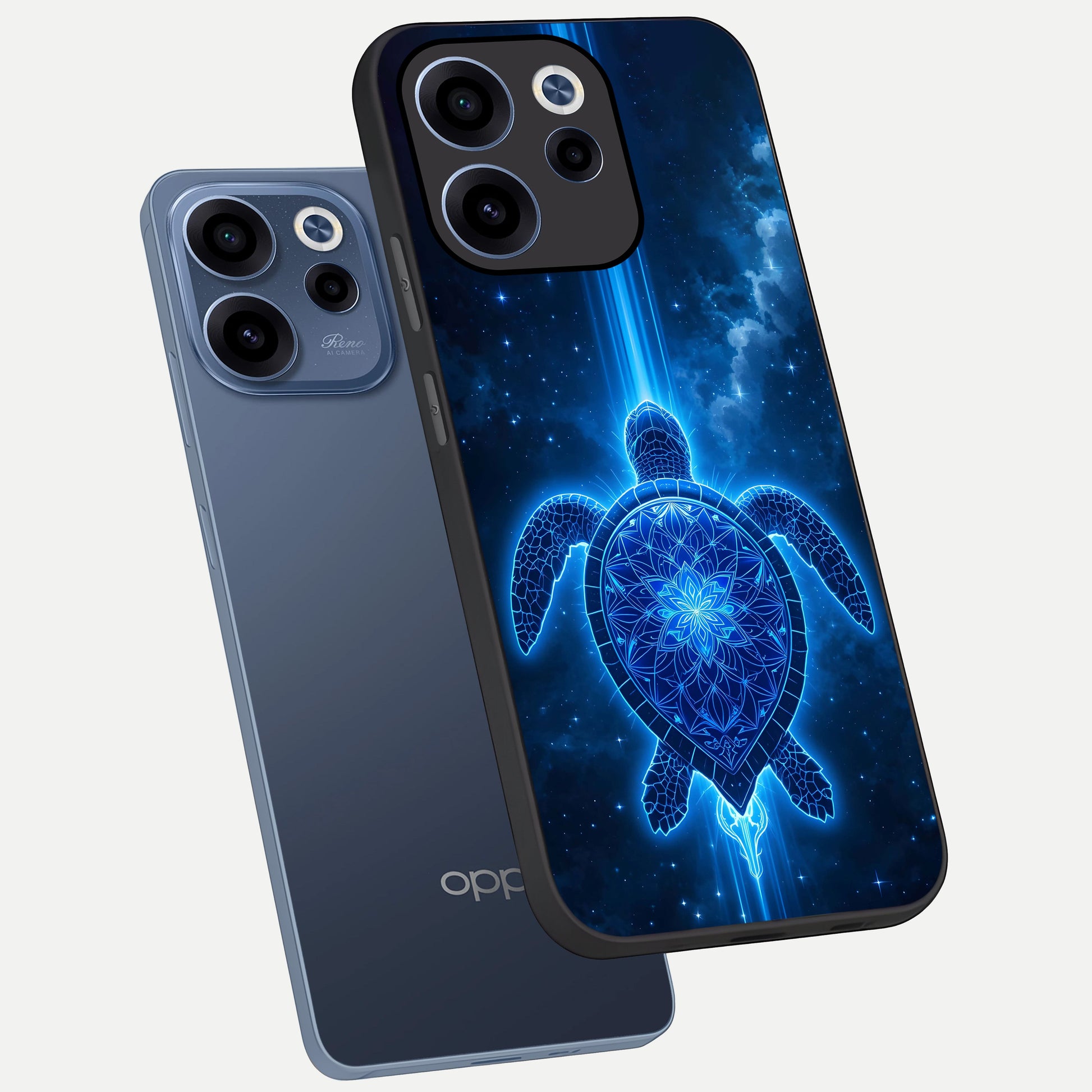  Blue Galaxy Turtle phone case For Oppo Reno 15c showing premium glass back cover with detailed artwork