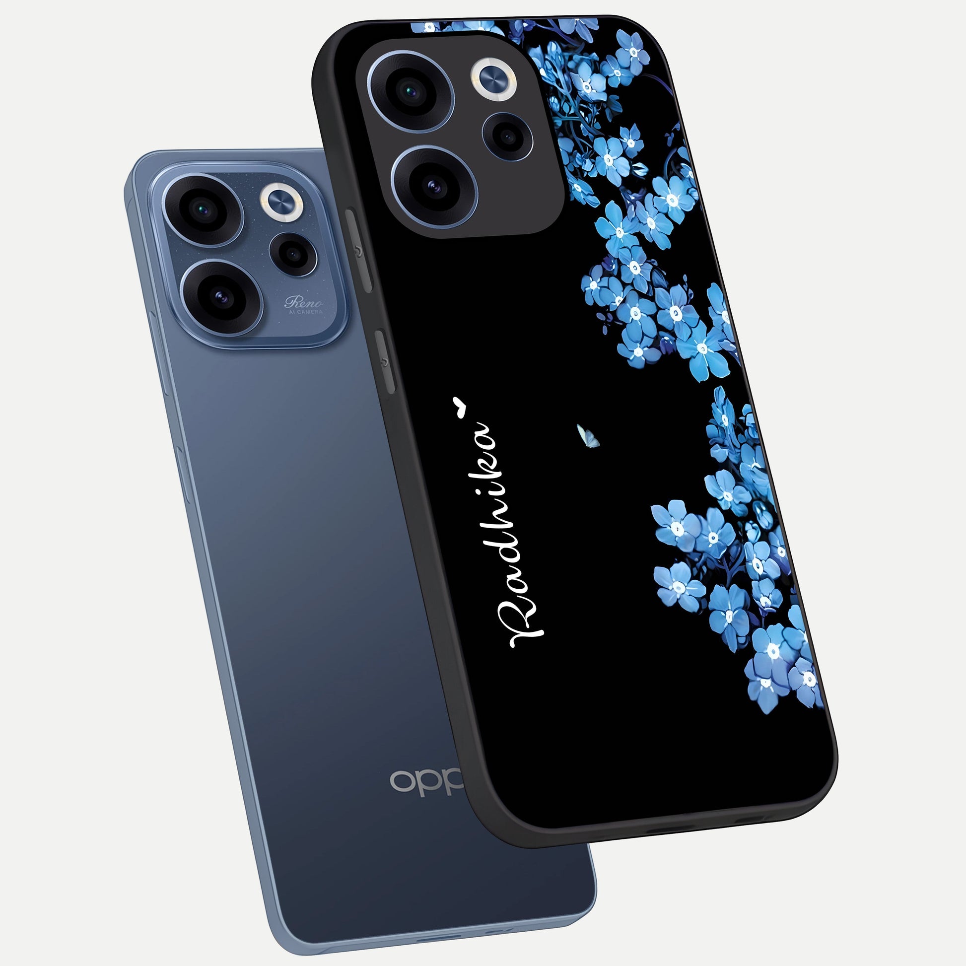  Blue Petal Dream Custom Name phone case For Oppo Reno 15c showing premium glass back cover with detailed artwork