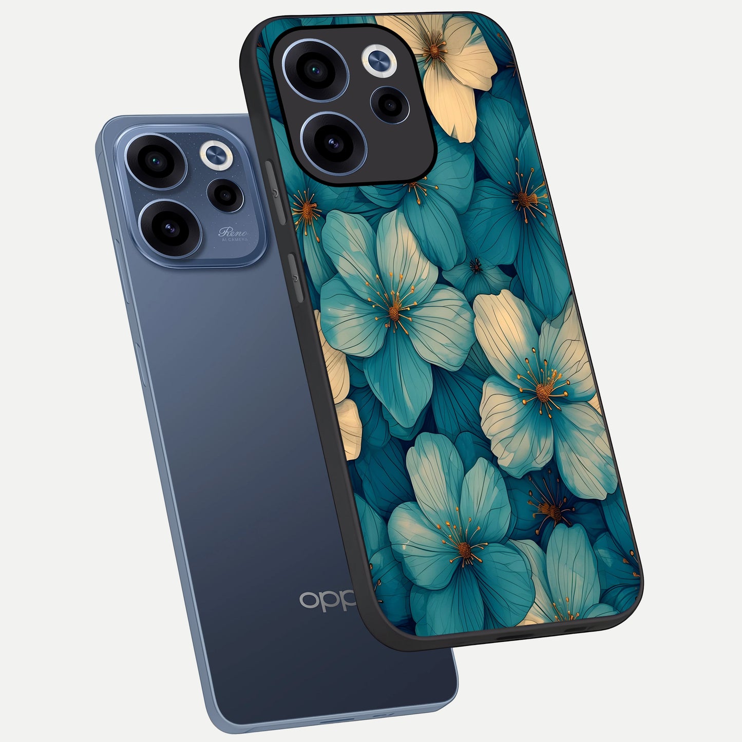  Blue Shade Floral phone case For Oppo Reno 15c showing premium glass back cover with detailed artwork