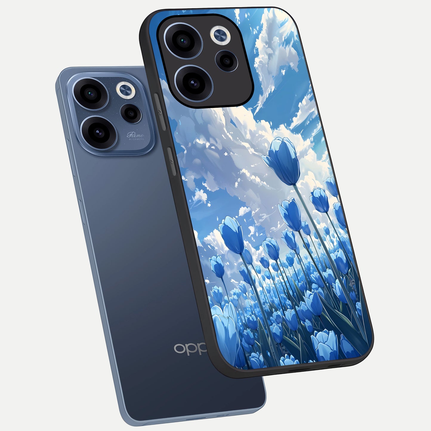  Blue Tulip Clouds phone case For Oppo Reno 15c showing premium glass back cover with detailed artwork