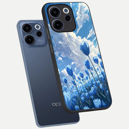  Blue Tulip Clouds phone case For Oppo Reno 15c showing premium glass back cover with detailed artwork