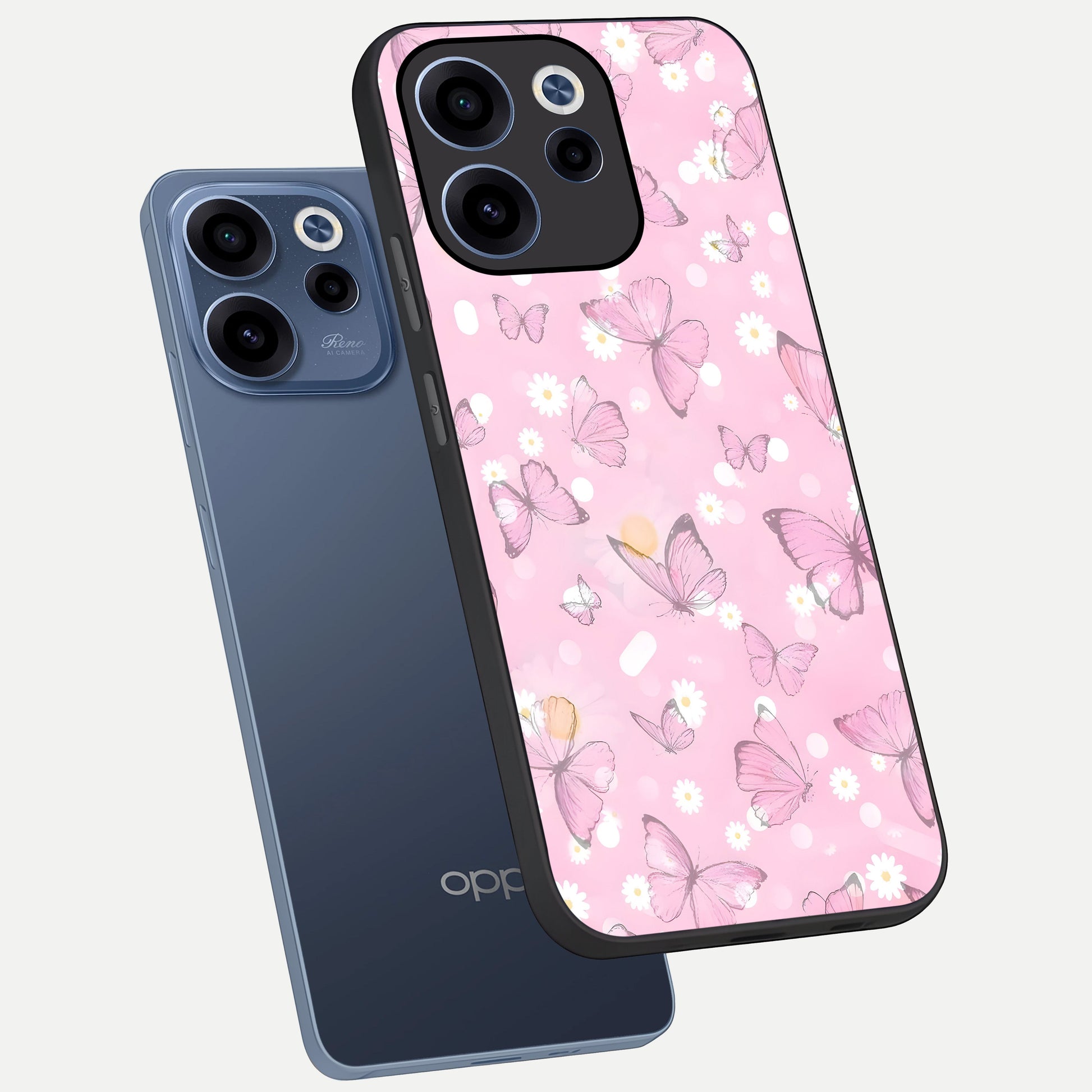  Blush Butterfly Garden phone case For Oppo Reno 15c showing premium glass back cover with detailed artwork