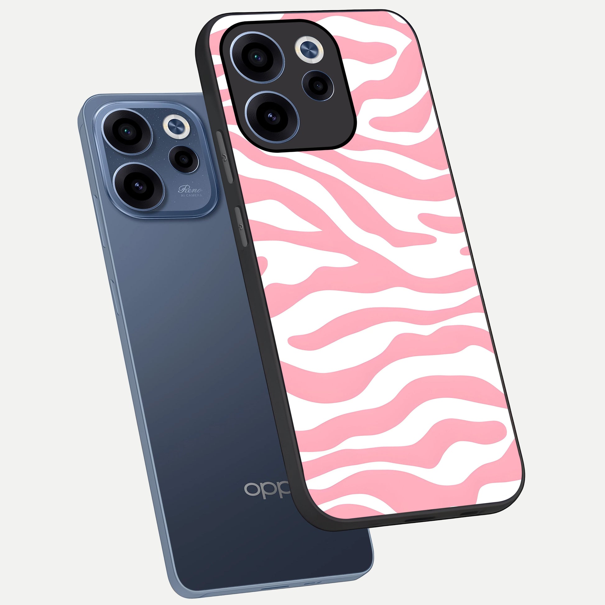  Blush Zebra Flow phone case For Oppo Reno 15c showing premium glass back cover with detailed artwork
