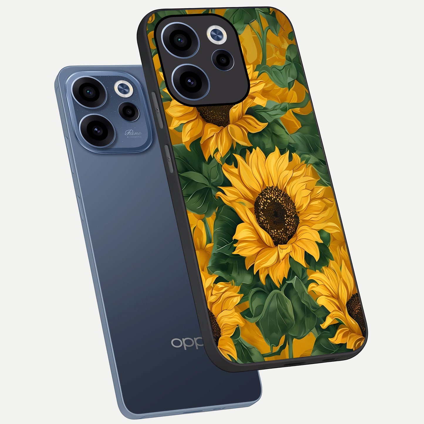  Bright Sunflower Bloom phone case For Oppo Reno 15c showing premium glass back cover with detailed artwork