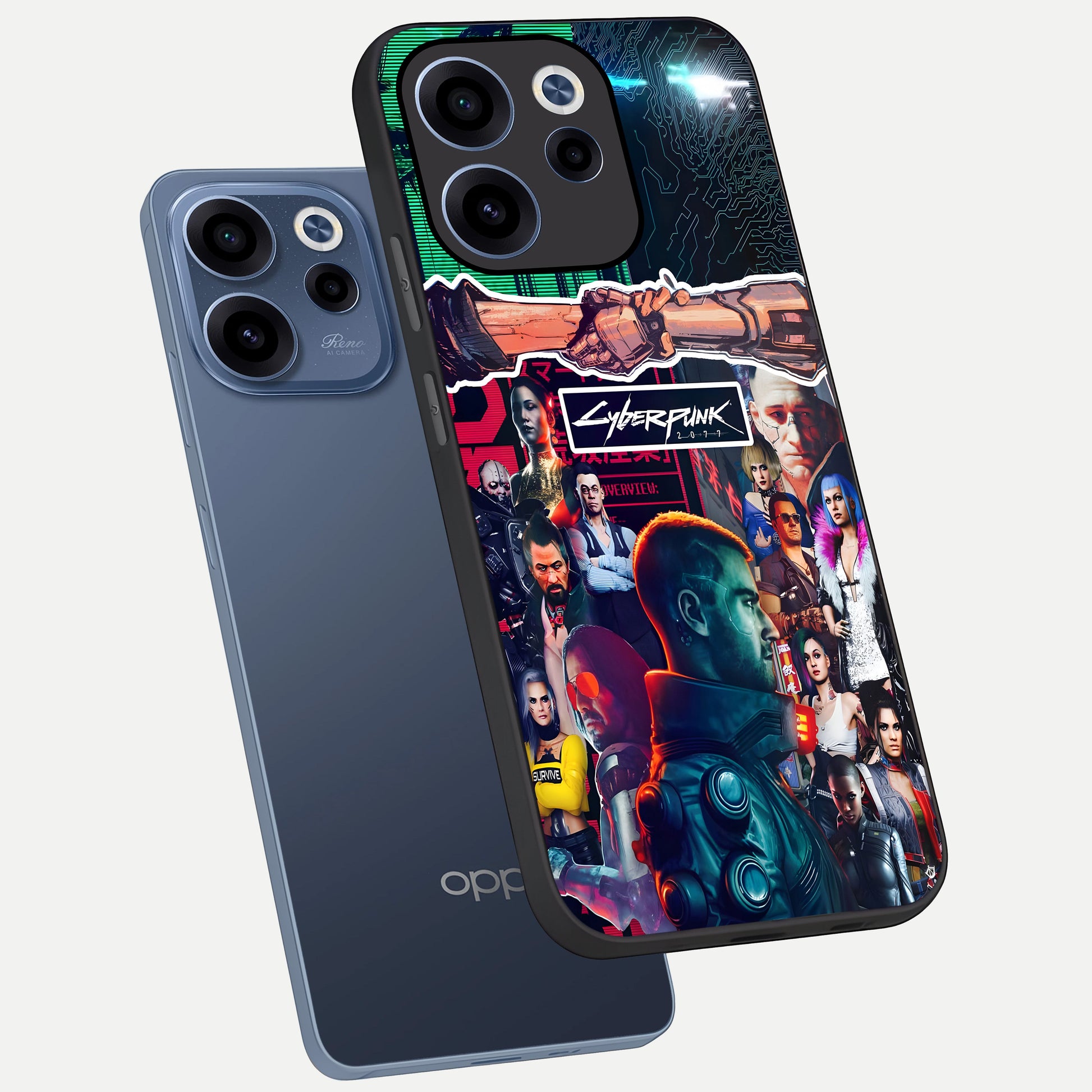  CYBERPUNK Legacy phone case For Oppo Reno 15c showing premium glass back cover with detailed artwork
