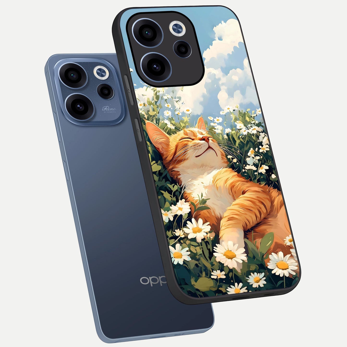  Cat And Flowers View phone case For Oppo Reno 15c showing premium glass back cover with detailed artwork