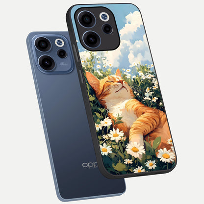  Cat And Flowers View phone case For Oppo Reno 15c showing premium glass back cover with detailed artwork