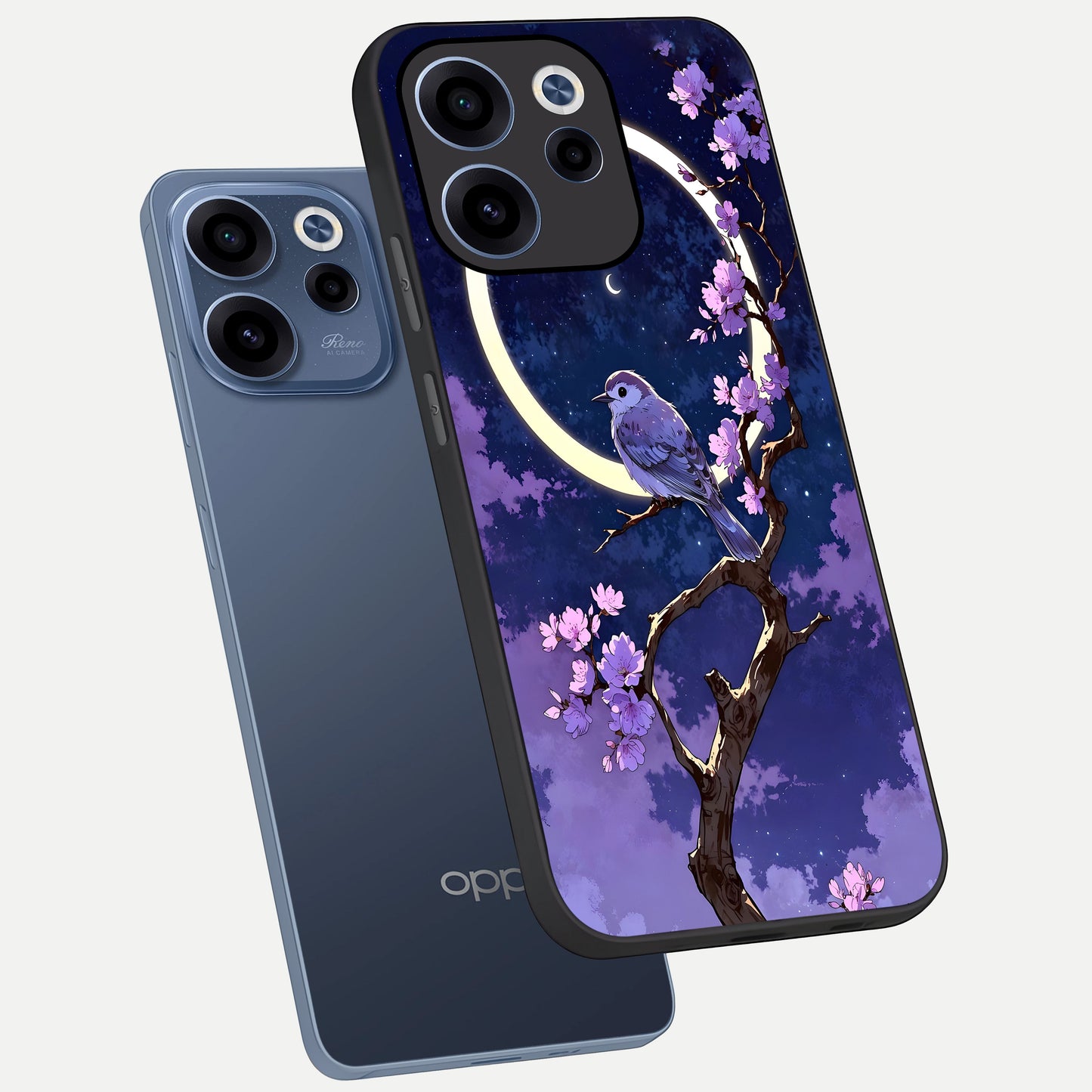  Celestial Bird Blossom phone case For Oppo Reno 15c showing premium glass back cover with detailed artwork
