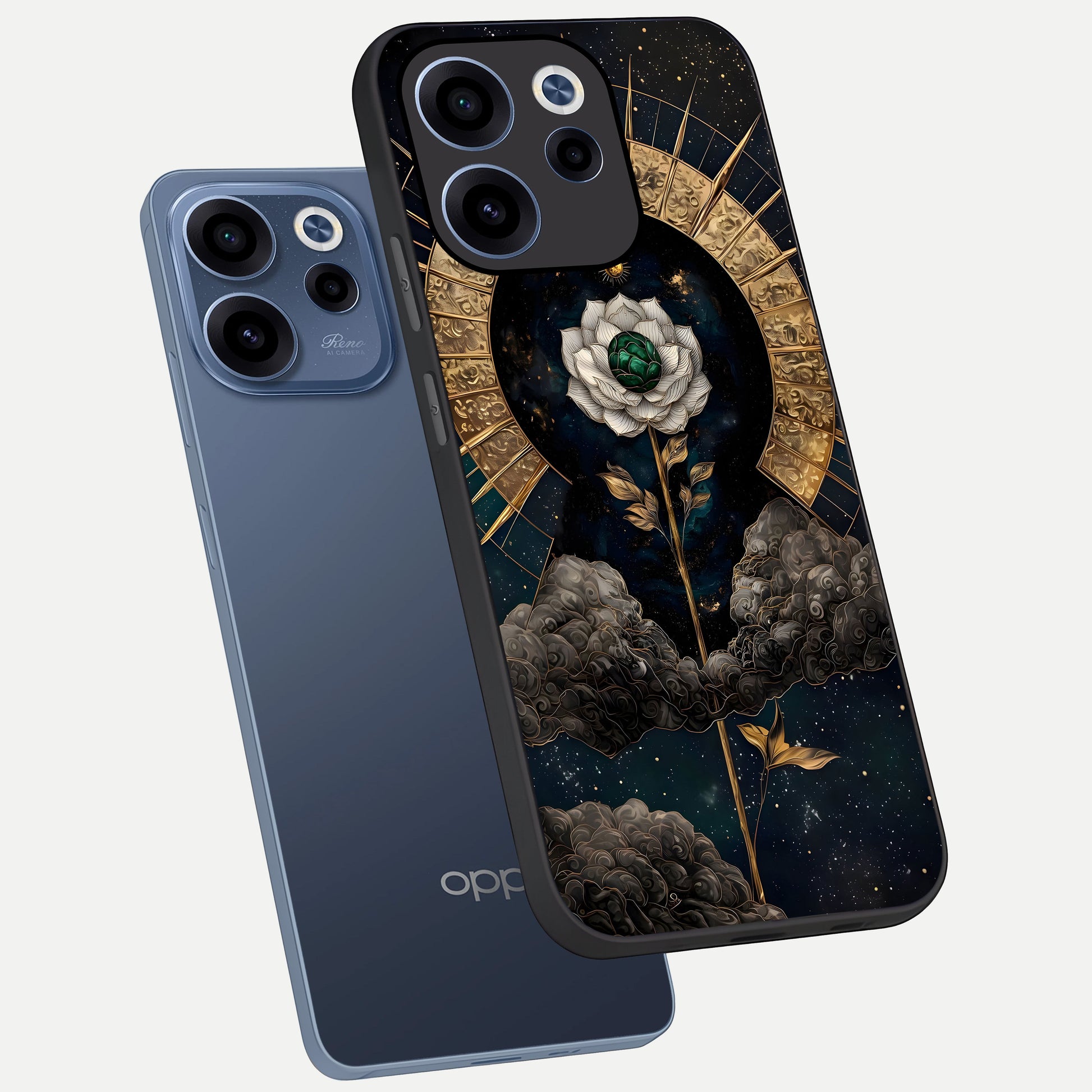  Celestial Lotus Morang phone case For Oppo Reno 15c showing premium glass back cover with detailed artwork