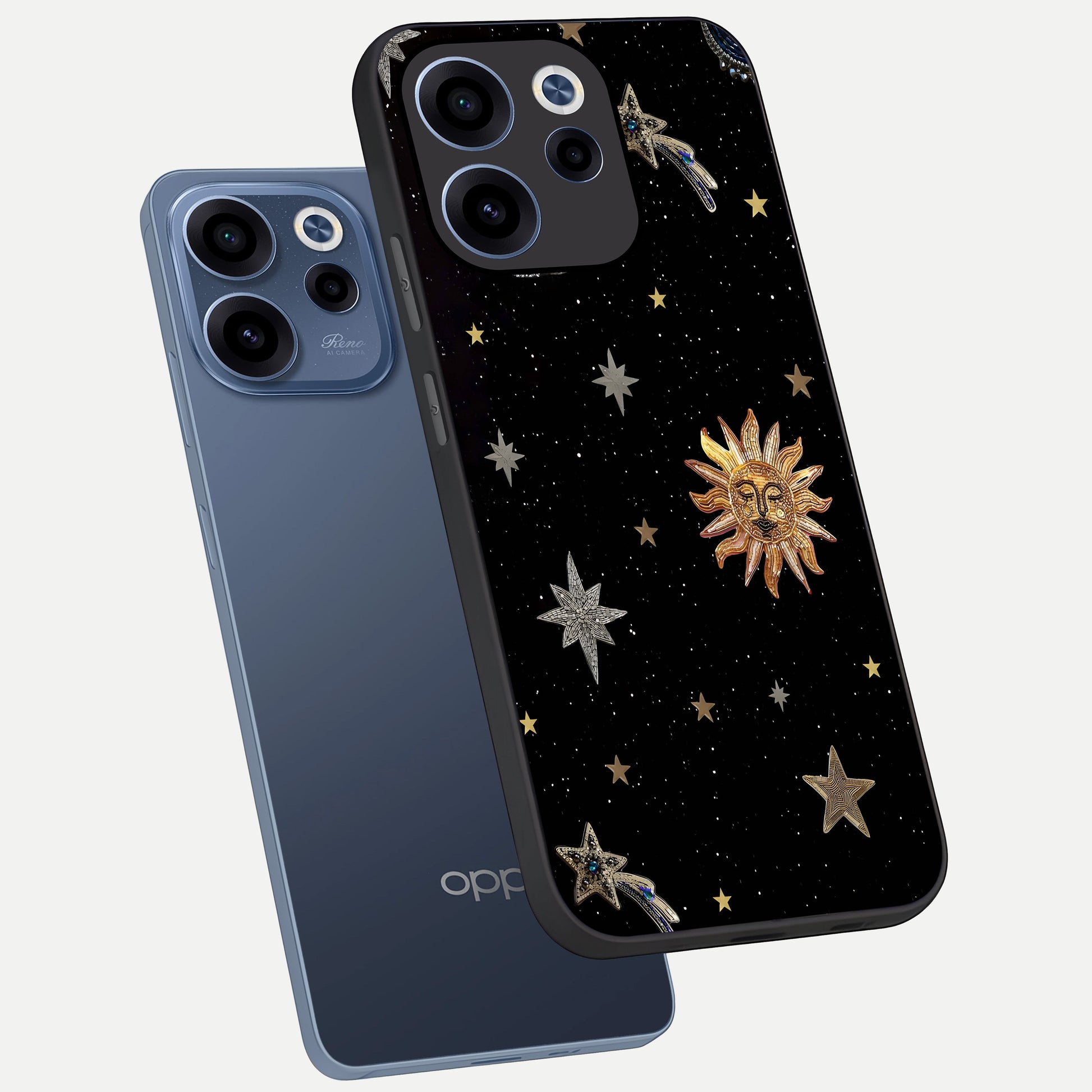  Celestial Moon With Stars phone case For Oppo Reno 15c showing premium glass back cover with detailed artwork