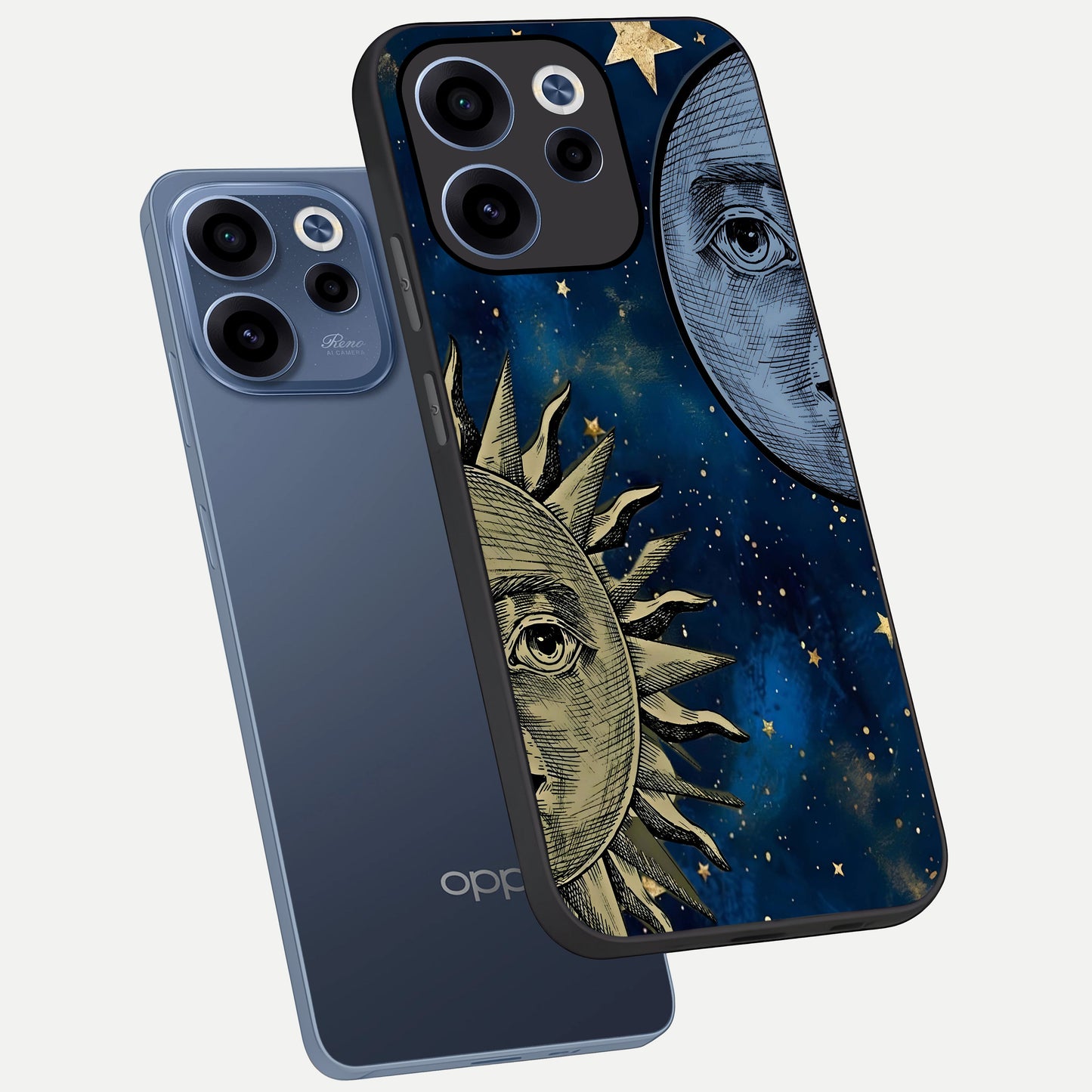  Celestial Moon With Sun phone case For Oppo Reno 15c showing premium glass back cover with detailed artwork