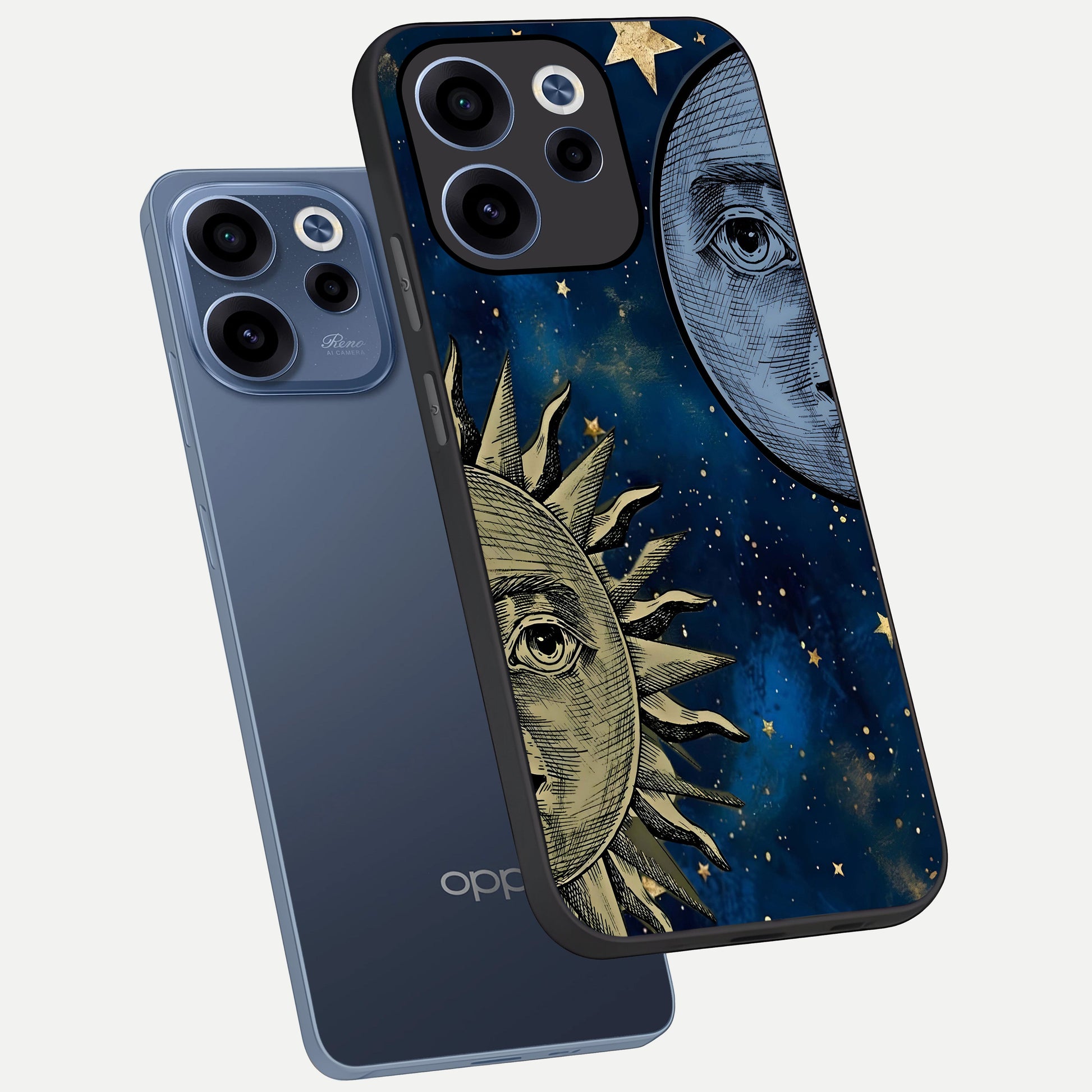  Celestial Moon With Sun phone case For Oppo Reno 15c showing premium glass back cover with detailed artwork