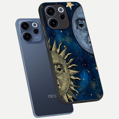  Celestial Moon With Sun phone case For Oppo Reno 15c showing premium glass back cover with detailed artwork