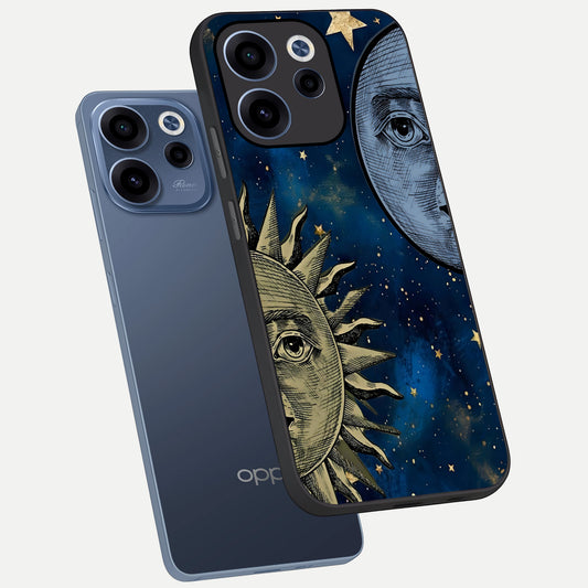 Celestial Moon With Sun phone case For Oppo Reno 15c showing premium glass back cover with detailed artwork