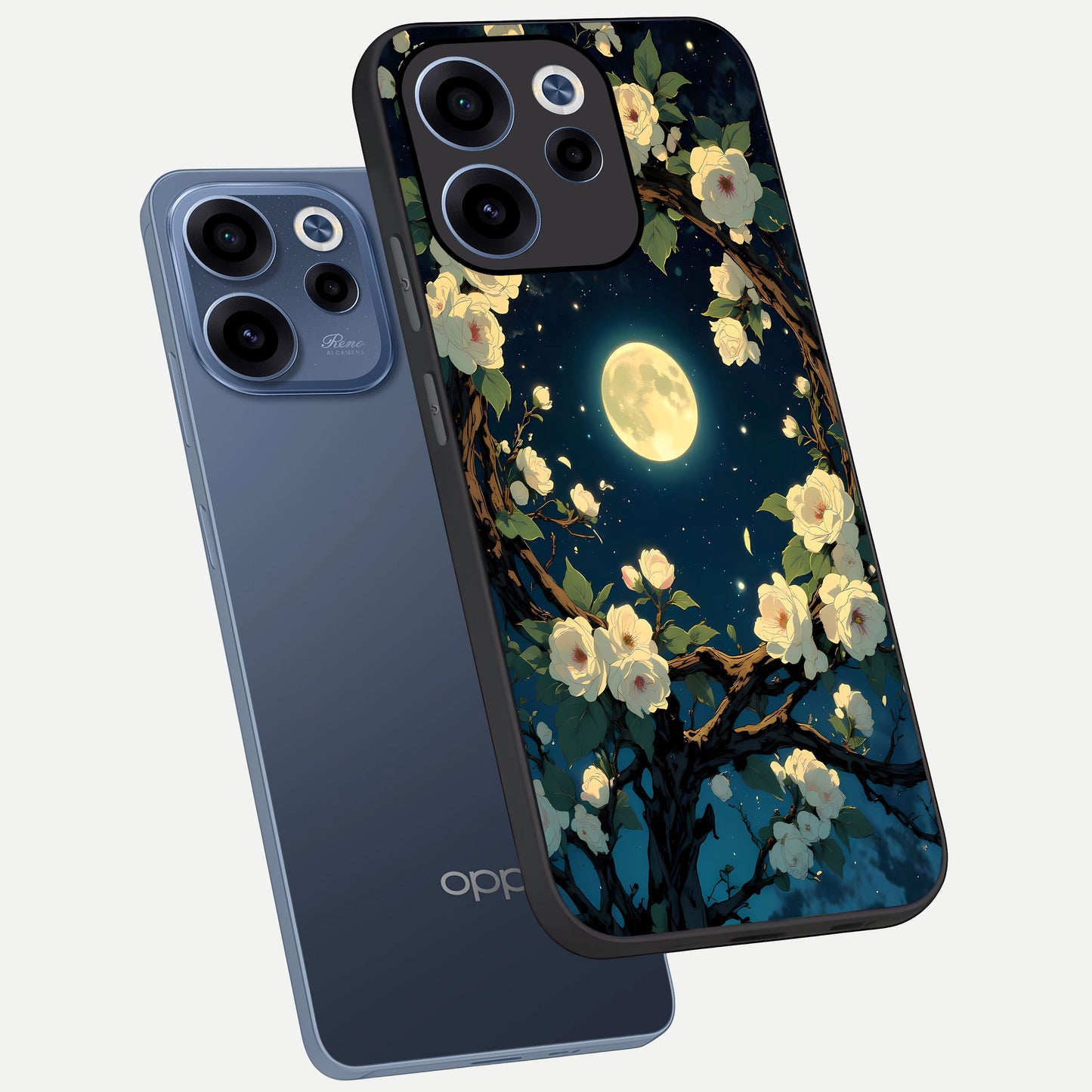  Celestial Moon And Flower phone case For Oppo Reno 15c showing premium glass back cover with detailed artwork