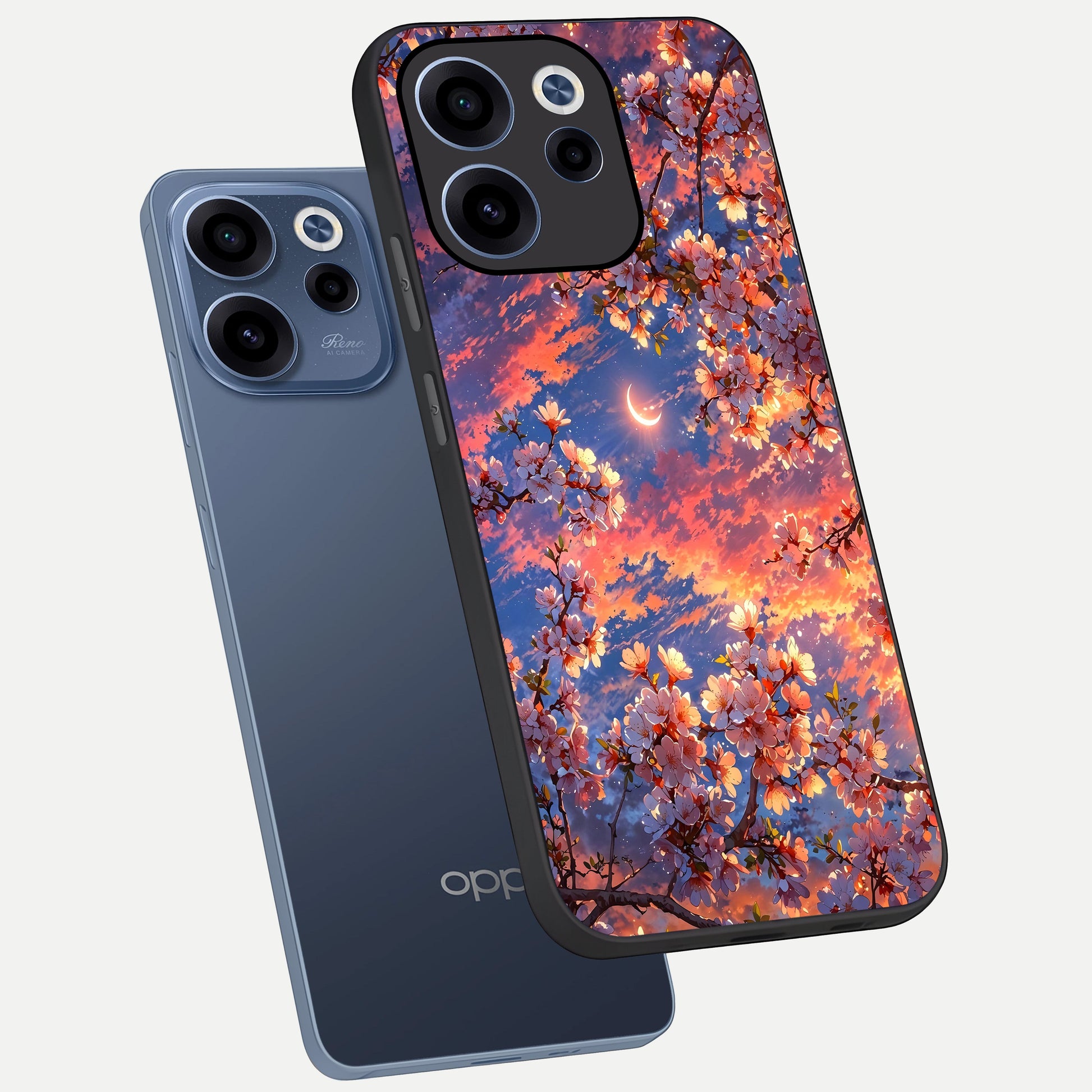  Celestial Sakura Sunset phone case For Oppo Reno 15c showing premium glass back cover with detailed artwork
