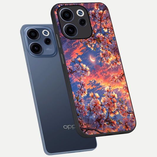  Celestial Sakura Sunset phone case For Oppo Reno 15c showing premium glass back cover with detailed artwork