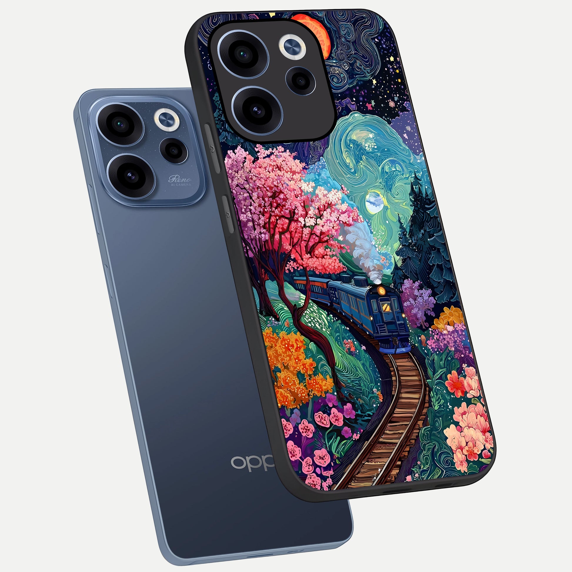 Celestial Train Journey phone case For Oppo Reno 15c showing premium glass back cover with detailed artwork