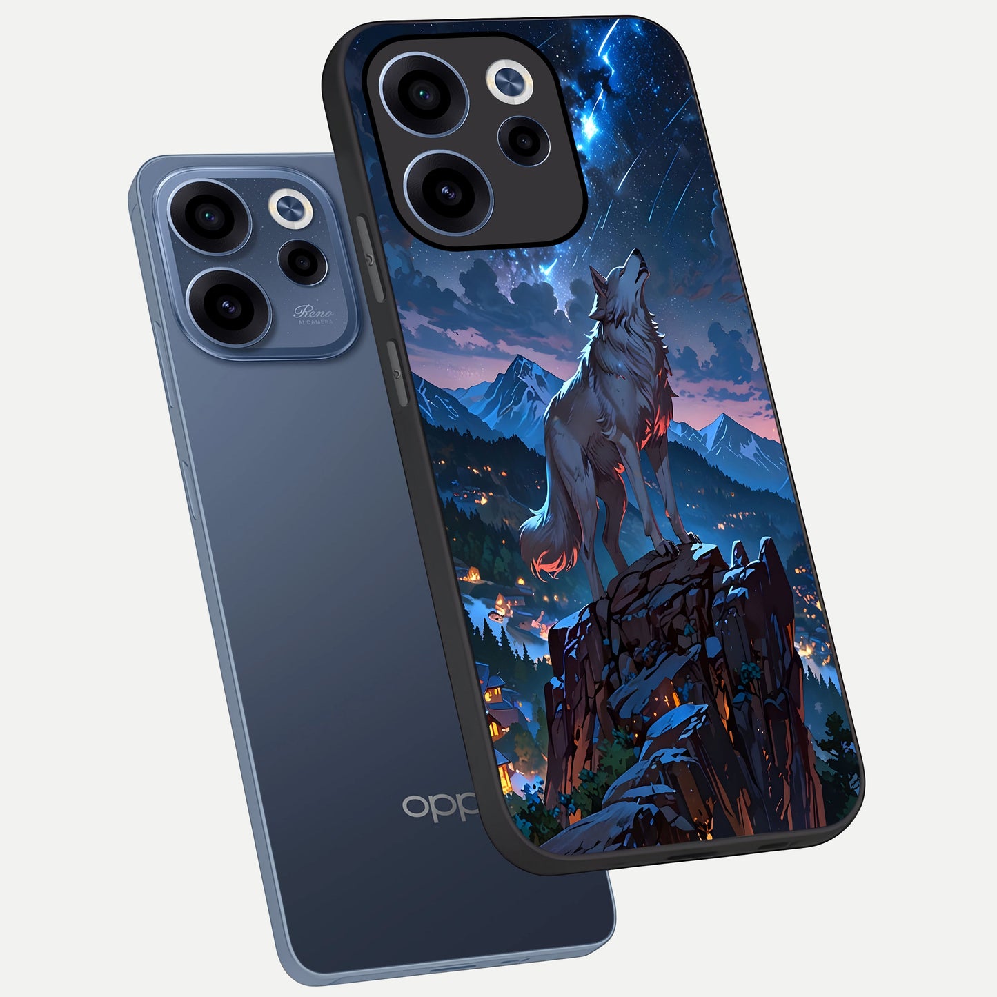  Celestial Wolf Howl phone case For Oppo Reno 15c showing premium glass back cover with detailed artwork