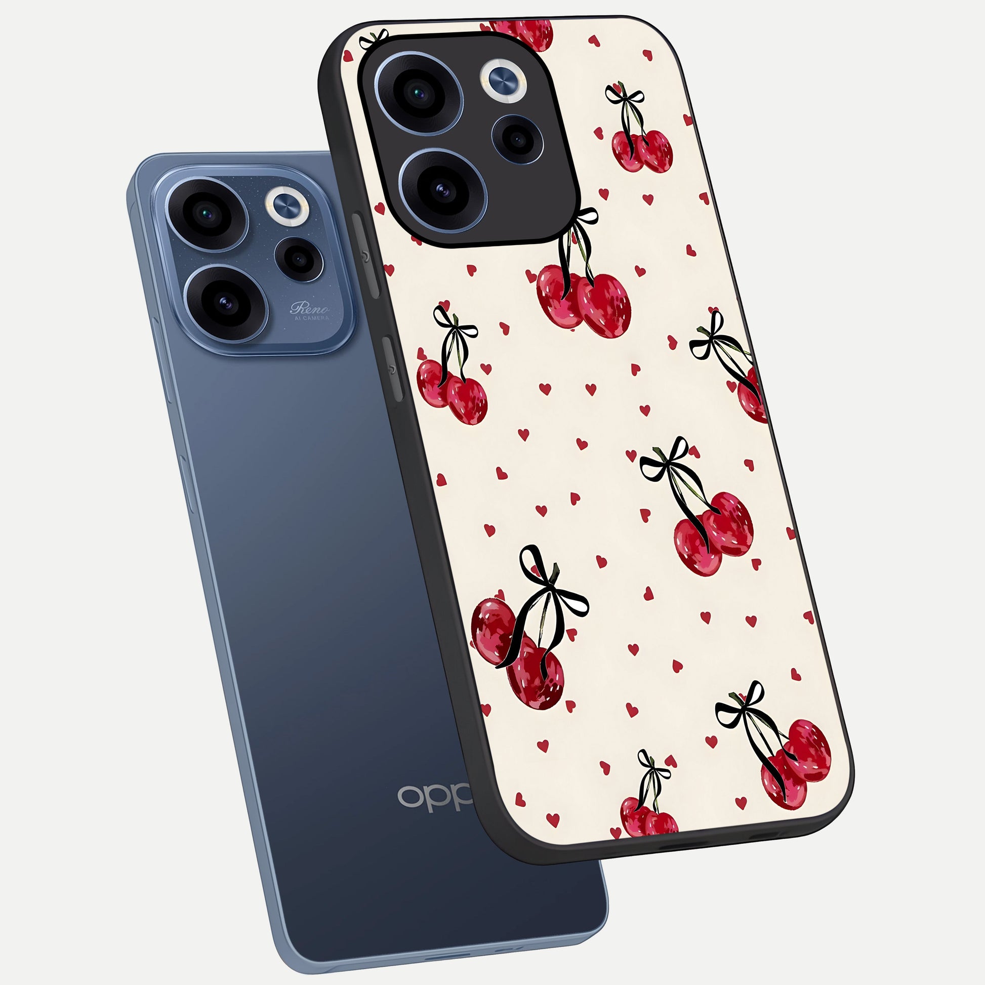 Cherry Heart Bow phone case For Oppo Reno 15c showing premium glass back cover with detailed artwork
