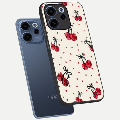  Cherry Heart Bow phone case For Oppo Reno 15c showing premium glass back cover with detailed artwork