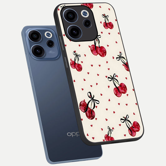  Cherry Heart Bow phone case For Oppo Reno 15c showing premium glass back cover with detailed artwork