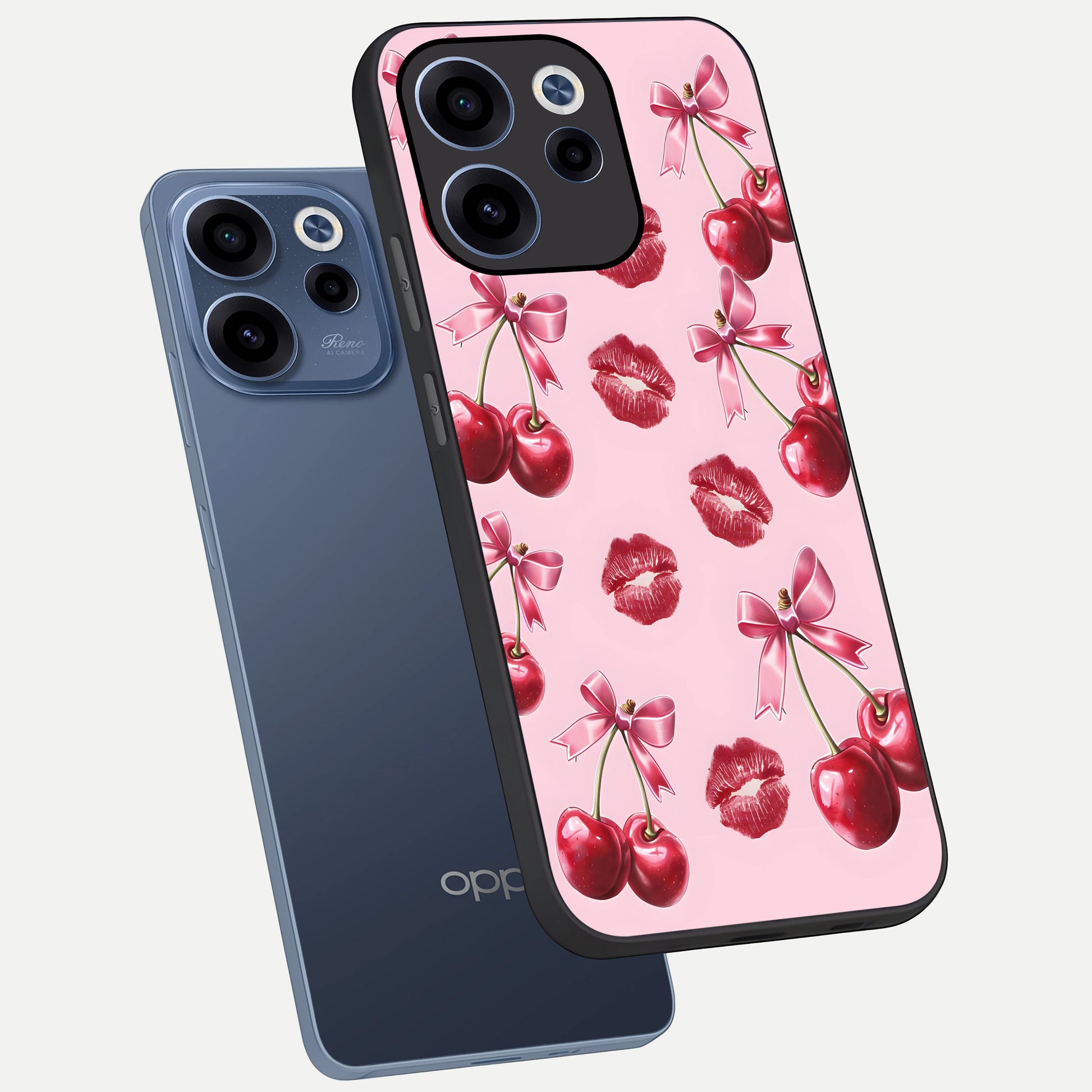  Cherry With Lips phone case For Oppo Reno 15c showing premium glass back cover with detailed artwork